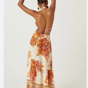 Farm Rio Anthropologie Orange and Red Sundress Halter Sleeveless Resort Wear